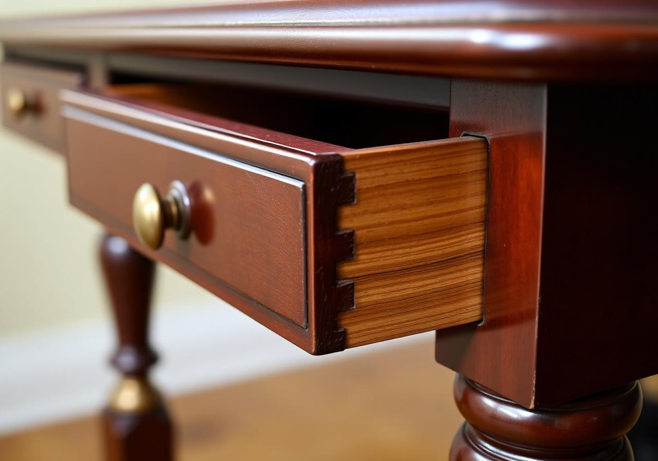 Detail of hand-cut dovetail joinery and brass hardware on a mahogany partner desk