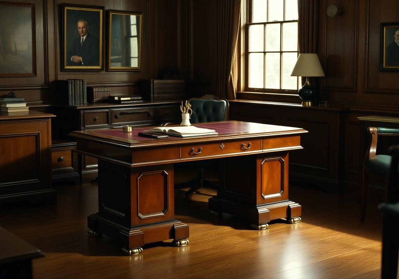 Mahogany partner desk with oxblood leather top in a 1950s wood-paneled office