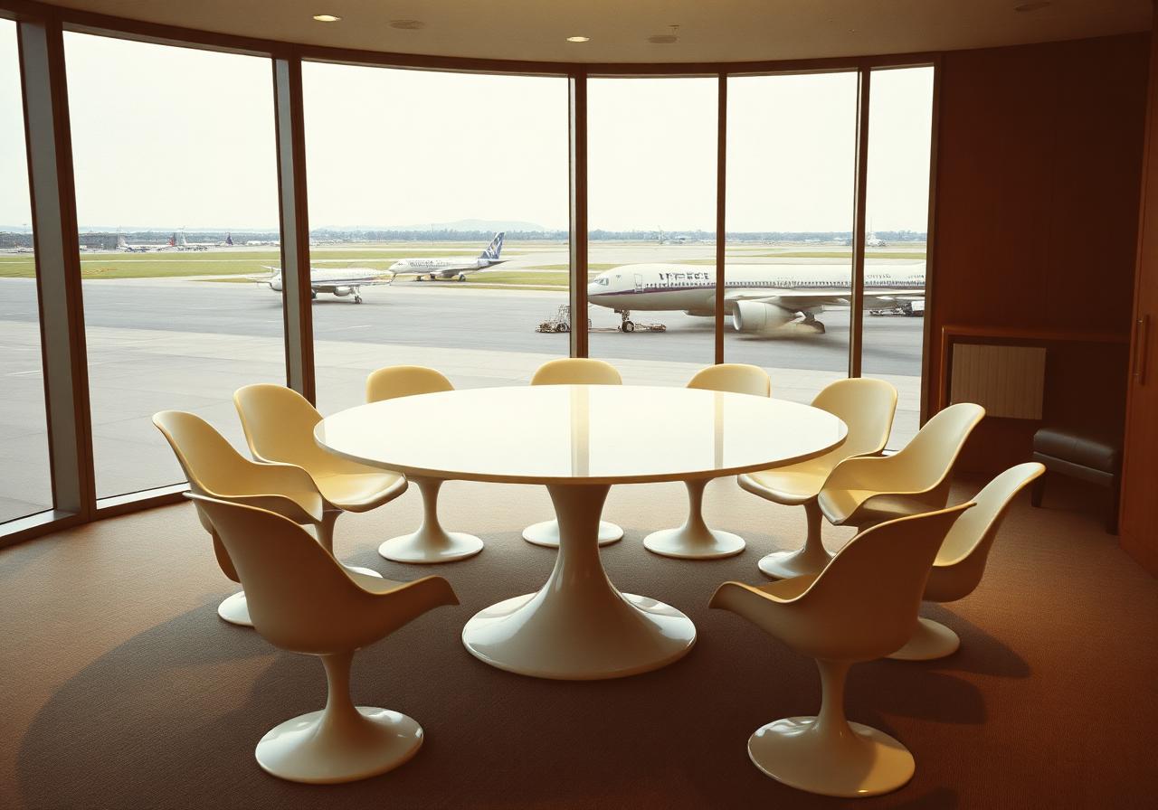 Airline boardroom with Saarinen pedestal table and Tulip chairs facing windows over an airfield