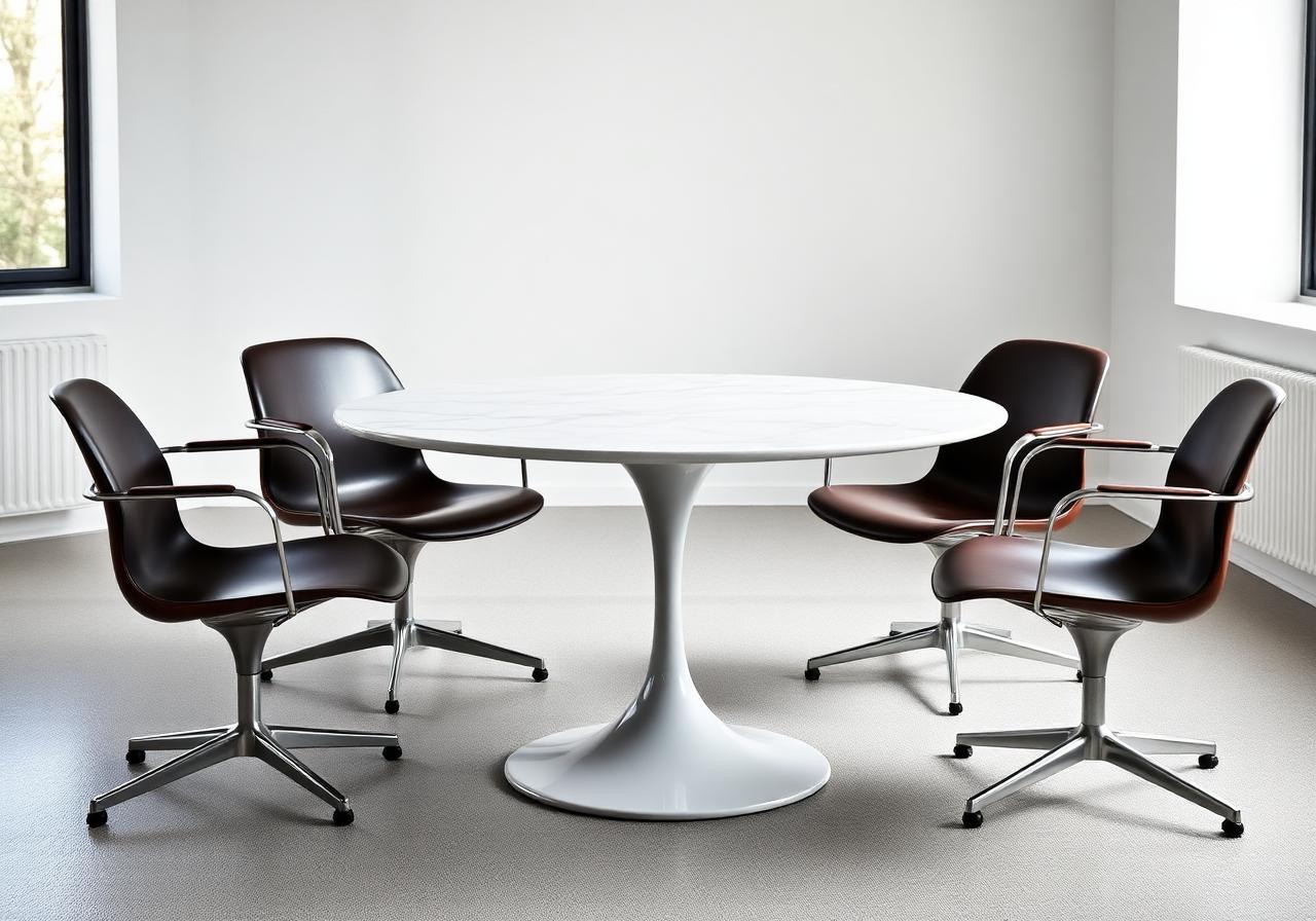 Round Saarinen pedestal table with white marble top on a single cast aluminum stem