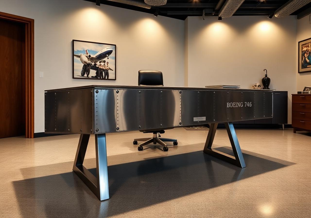 Executive desk built from a recycled Boeing 747 fuselage panel with visible rivets