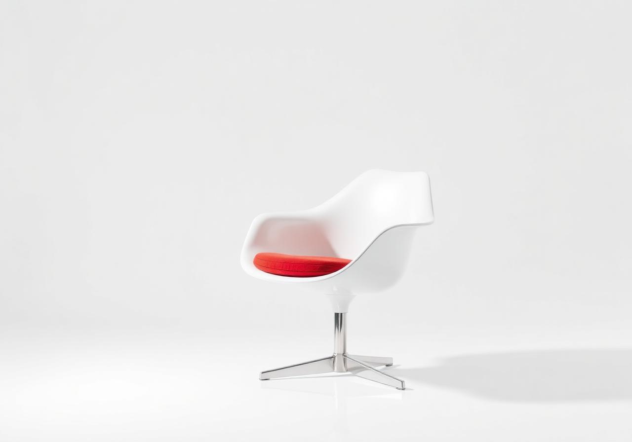 Studio product photograph of a single Saarinen Tulip armchair with a red wool cushion