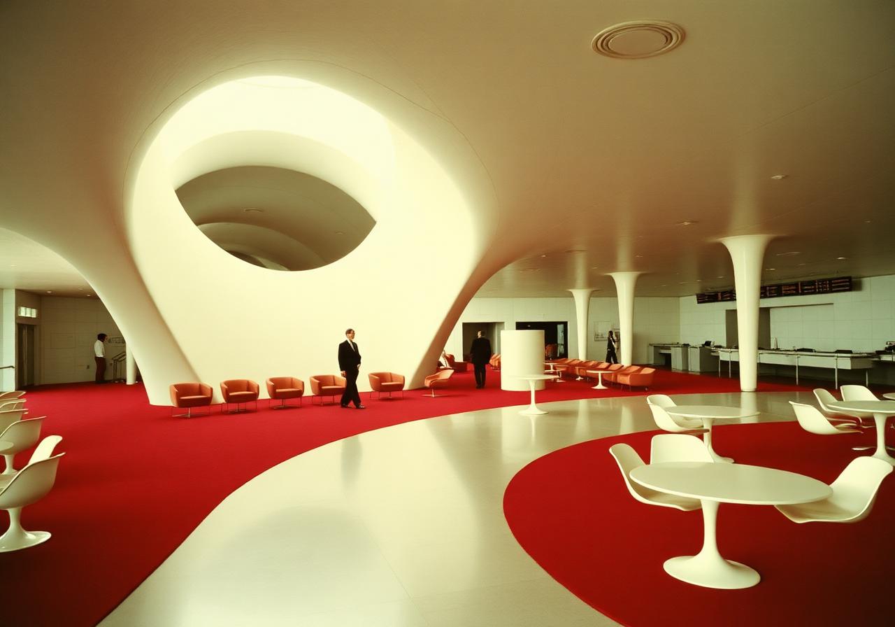Interior of the Saarinen TWA Flight Center with Tulip chairs and pedestal tables