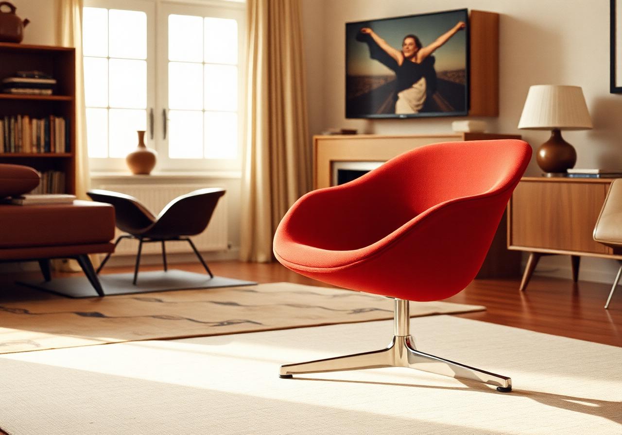 Saarinen Womb chair upholstered in red wool with a chrome steel base in a mid-century interior